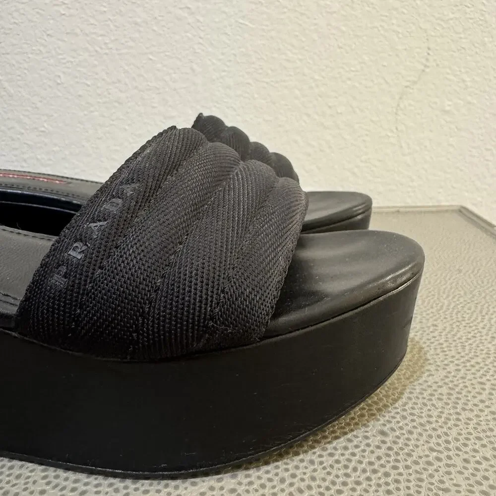 PRADA Logo Black Platform Slide Sandals Size 38.5 Y2K Vintage